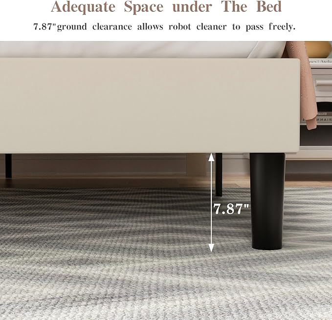 VECELO Queen Bed Frame with Type-C & USB Ports, Upholstered Platform Height-Adjustable Cotton and Linen Headboard, No Box Spring Needed, Noise-Free, Easy Assembly, Beige
