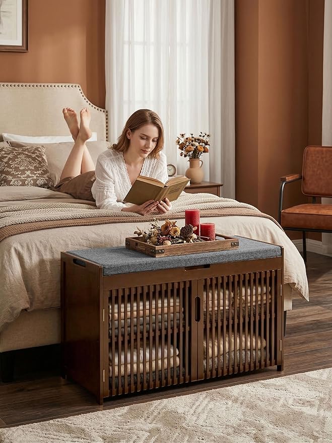 WISUCART Shoe Storage Bench with Cushion Seat, Bamboo Entryway Shoe Rack Bench, 2-Tier Shoe Organizer for Entryway, Bedroom, Hallway, Living Room, Holds Up to 330 lbs, Brown