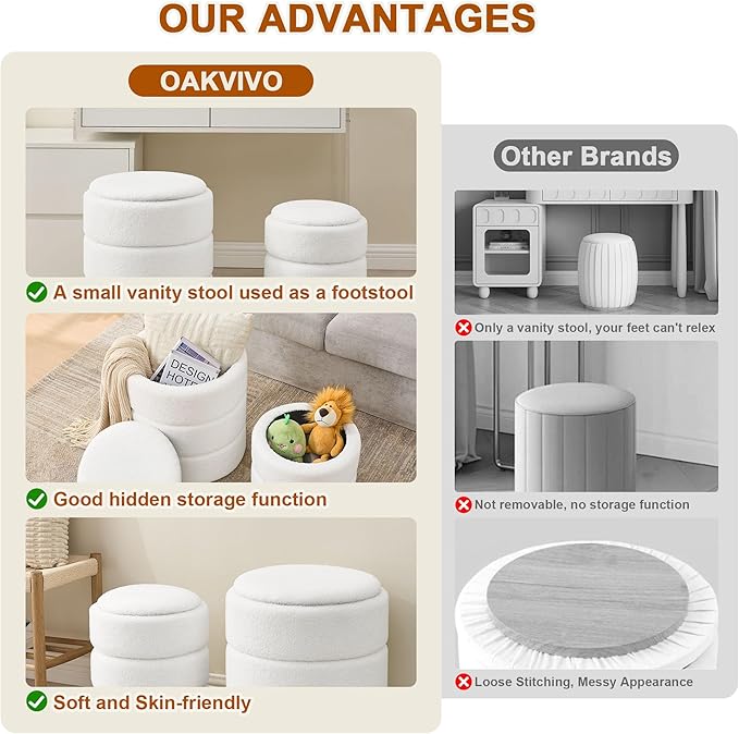 oakvivo Round Ottoman with Storage Set of 2, Soft Teddy Velvet Upholstered Foot Stool Vanity Chairs, Support 330lbs Padded Seat Multifunctional Ottomans Footrest, Foot Rest for Living Room, White
