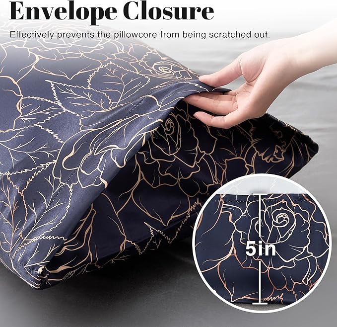 EXQ Home Satin Pillowcase for Hair and Skin- Rose on Blue Silk Pillowcase 2 Pack 20x26 inches - Standard Size Pillow Cases with Envelope Closure, Gifts for Women