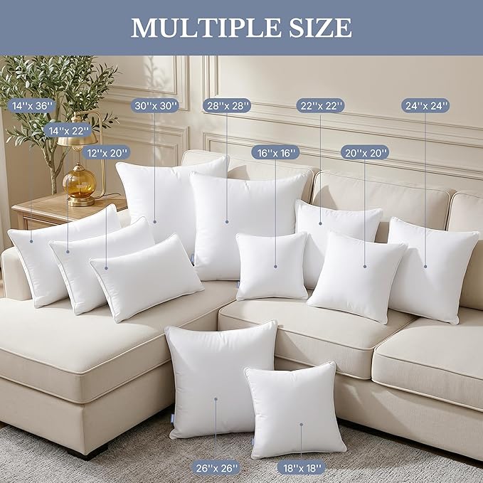 Leeden 26 x 26 Throw Pillow Inserts (Set of 2) with 100% Cotton Cover - 26 Inch Square Decorative Sofa Pillows for Sofa, Couch, Bed and Home Decor