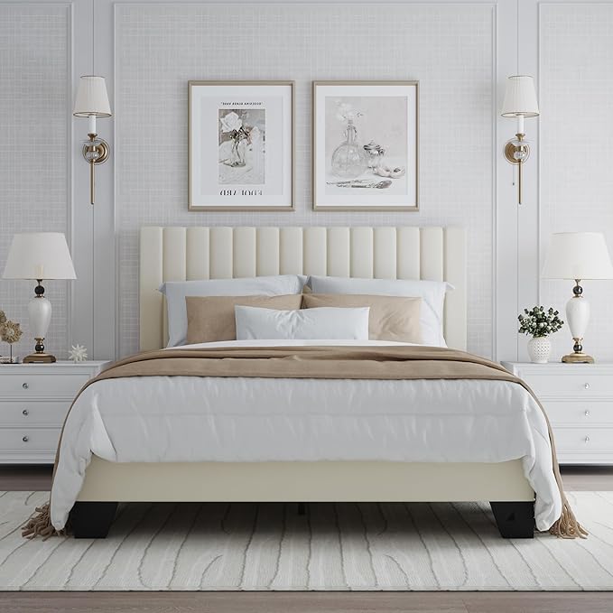 Full Bed Frame, Velvet Upholstered Platform Bed Frame with Adjustable Headboard, Vertical Quilted Design, Sturdy Slatted Mattress Base, Easy to Assemble, White