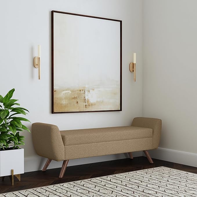 HomePop Modern Storage Bench with Wood Legs |Homepop Home Décor|Bench with Storage for Living Room & Bedroom - Brown Boucle