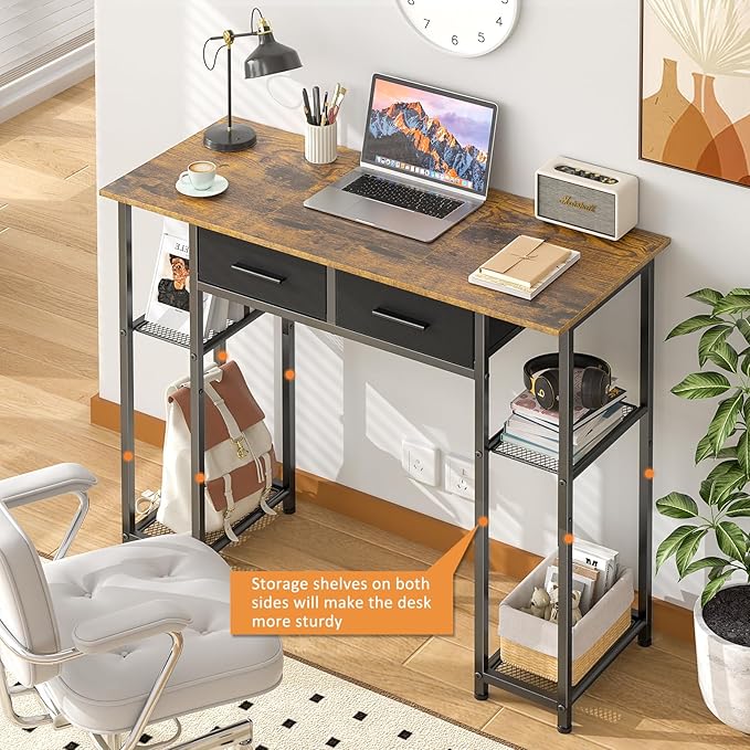 DAOUTIME Computer Desk with Drawers, 37.3 Inch Home Office Work Desk with Storage Shelf, Kids Teens Study Table for Small Space, Small Writing PC Table for Bedroom Makeup Vanity Desk, Brown