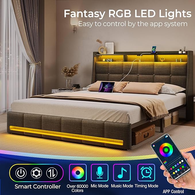 Rolanstar Queen Size Bed Frame with LED Lights and Charging Station, Upholstered Headboard with 2-Tier Storage Shelves, Heavy Duty Metal Frame, Noise-Free Support, Easy Assembly, No Box Spring Needed