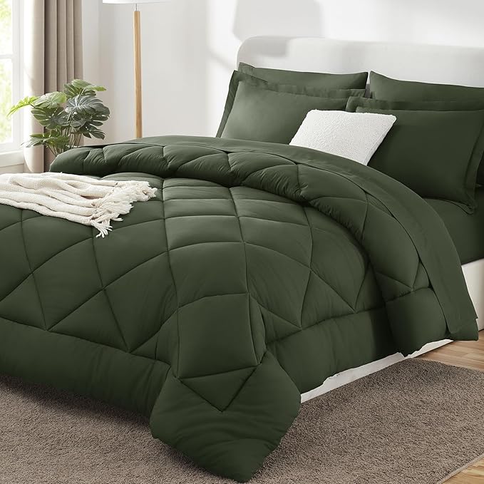 CozyLux King Size Comforter Set Dark Green - 7 Pieces Bed in a Bag King, Luxury Soft Bed Set for All Seasons, Bedding Set with Down Alternative Comforter, Sheets, Pillowcases & Shams