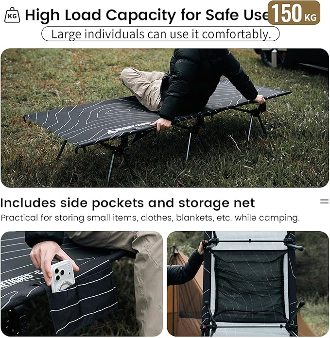 ONETIGRIS SUPRANUBIS Camping Cot, Height Adjustable with Cot Leg Extenders, Strong Support 330lbs, Lightweight Comfortable Folding Bed for Camping, Hiking, Travel, Truck, Beach, Office Nap