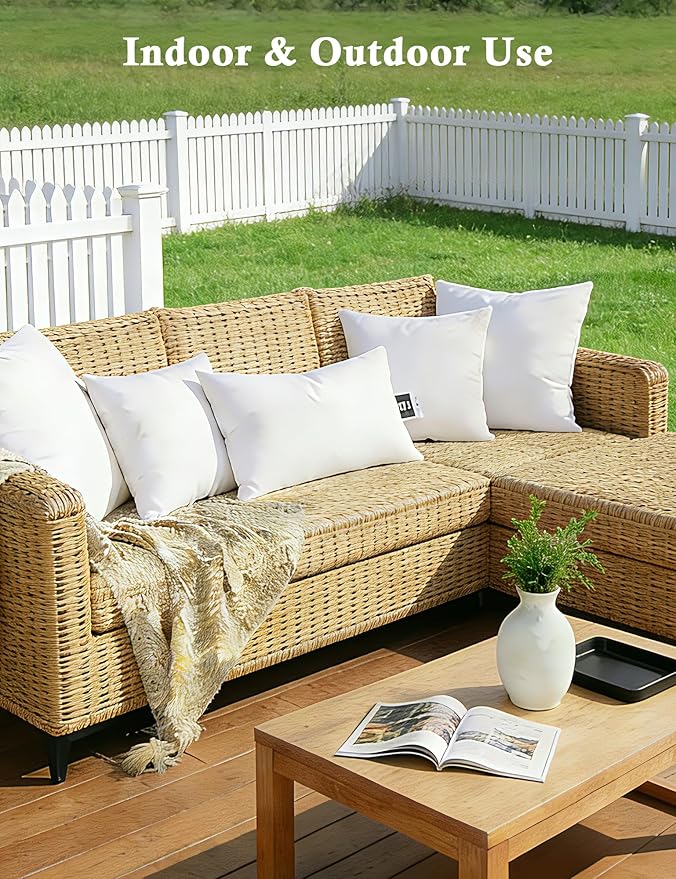TOPGREEN Feathers Down Outdoor Pillow Inserts 18x18 (Set of 2, White), 100% Organic Cotton Shell, Fluffy Soft Water-Resistant Throw Pillows for Sofa, Patio Furniture and Garden