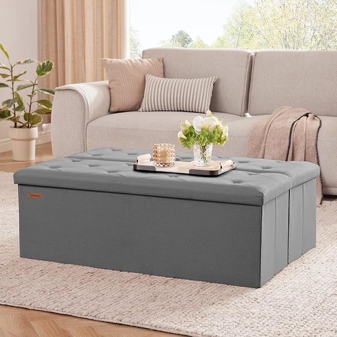 HAUSFRAU Storage Ottoman Bench with Flipping Lid, 43.3 Inches Storage Chest Footsrest, Folding Foot Stool for Entryway, Living Room, Bedroom, Linen Grey