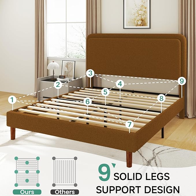 Queen Size Boucle Platform Bed Frame with Adjustable Headboard, Upholstered Cloud Bed, Solid Wooden Legs, Easy Assembly, No Box Spring Needed, Brown