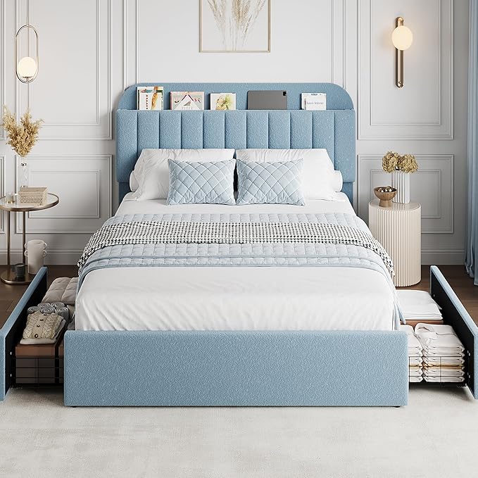 GarveeHome Full Bed Frame with Storage Headboard, Kids Bed Frame with 2 Drawers, Boucle Upholstered Platform Bed with Bookcase, No Box Spring Needed, Easy Assembly, Blue