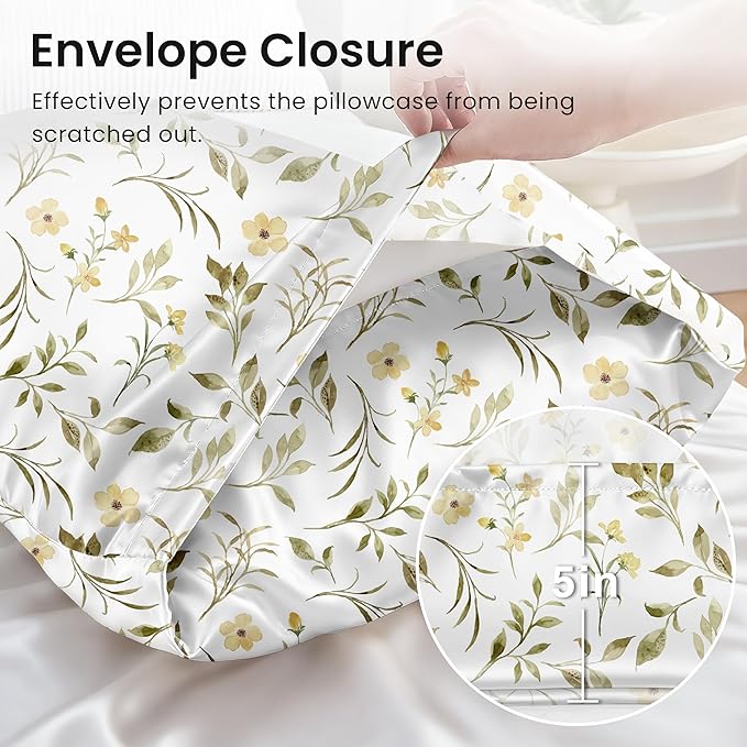EXQ Home Satin Pillowcase for Hair and Skin Queen - Printed Yellow Sprig Silk Pillow Cases 2 Pack 20x30 inches - Satin Pillow Cases Set of 2 with Envelope Closure, Gifts for Women Men
