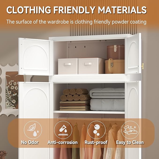 Polup Armoire Wardrobe Closet with Hanging Rod, 86 Inch Tall Metal Wardrobe Cabinet, Metal Armoire with Doors, Large Freestanding Wardrobes for Bedroom, 18"D x 32"W x 86"H, White, Assemble Required