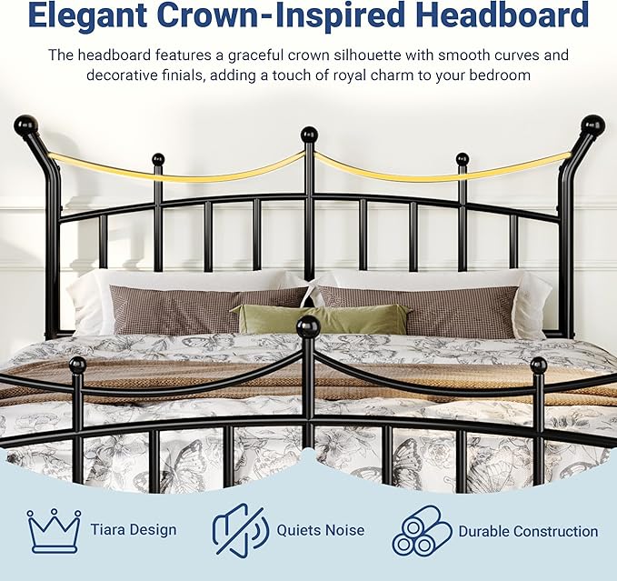 Allewie 14 Inches Full Size Metal Platform Bed Frame with Elegant Crown Iron-Art Headboard & Footboard, Sturdy Mattress Foundation with Under-Bed Storage, Easy Assembly, No Box Spring Needed, Black