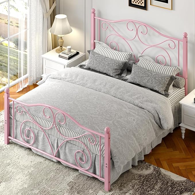 VECELO Full Size Bed Frame with Headboard and Footboard, Heavy Duty Metal Slat Support, Platform Mattress Foundation, No Box Spring Needed, Easy Assembly, Light&Pink