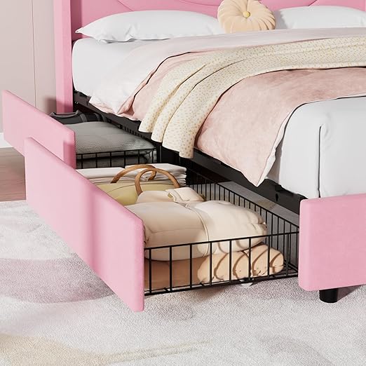 VECELO Full Bed Frame Upholstered Platform with 4 Drawers&Fabric Headboard,Wooden Slats Support/No Box Spring Needed/Mattress Foundation,Pink