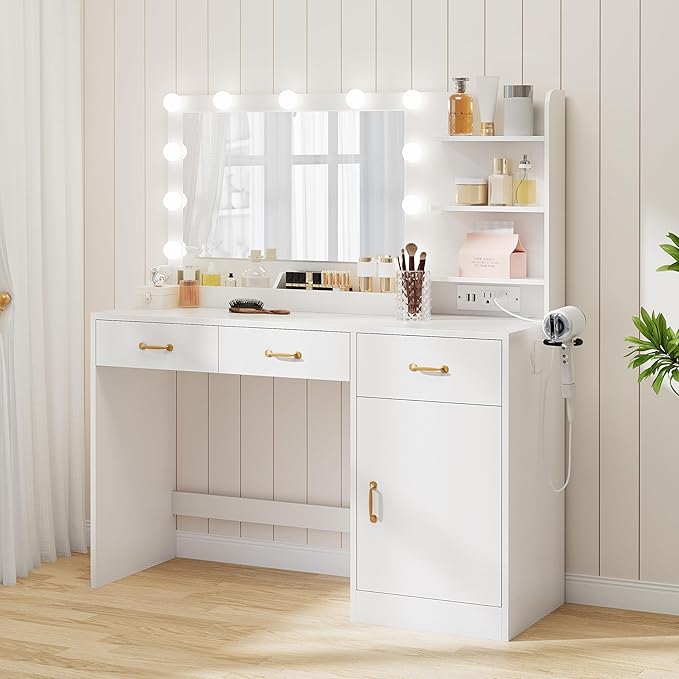 GarveeHome Vanity Desk with Mirror and Lights, Makeup Vanity with Power Outlet & 11 LED Bulbs, White Dressing Table with 3 Drawers and Storage Shelves, Modern Makeup Table for Bedroom, Standalone