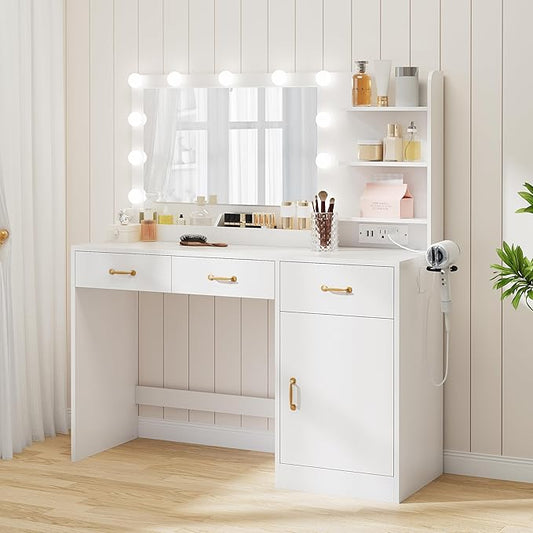 GarveeHome Vanity Desk with Mirror and Lights, Makeup Vanity with Power Outlet & 11 LED Bulbs, White Dressing Table with 3 Drawers and Storage Shelves, Modern Makeup Table for Bedroom, Standalone