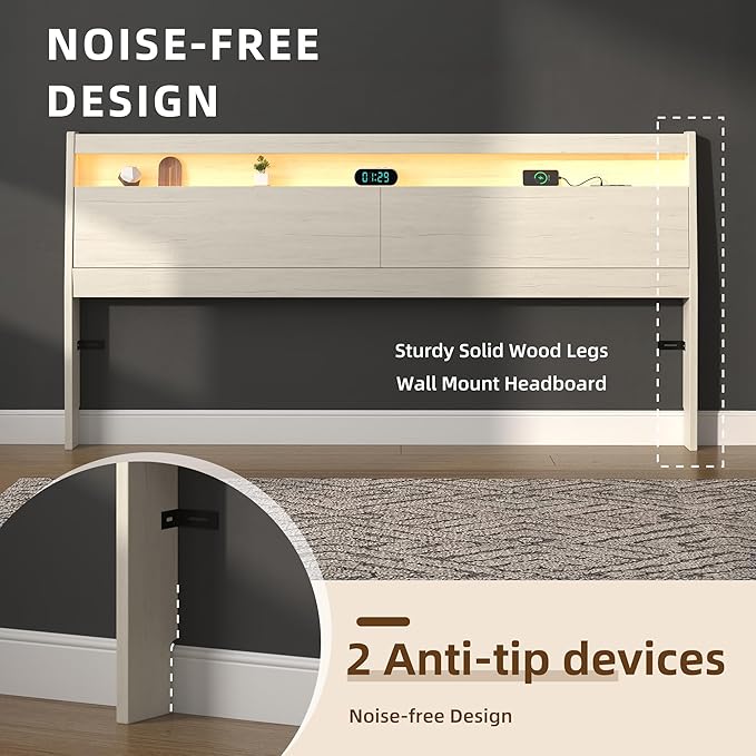 Wooden Headboard Only with Storage, Skirting Groove for Enhanced Stability, Built-in Power Outlet, 2 USB Ports & LED Light - Solid Wood Leg Sturdy Stable Bed Backboard (Ivory White, Queen)