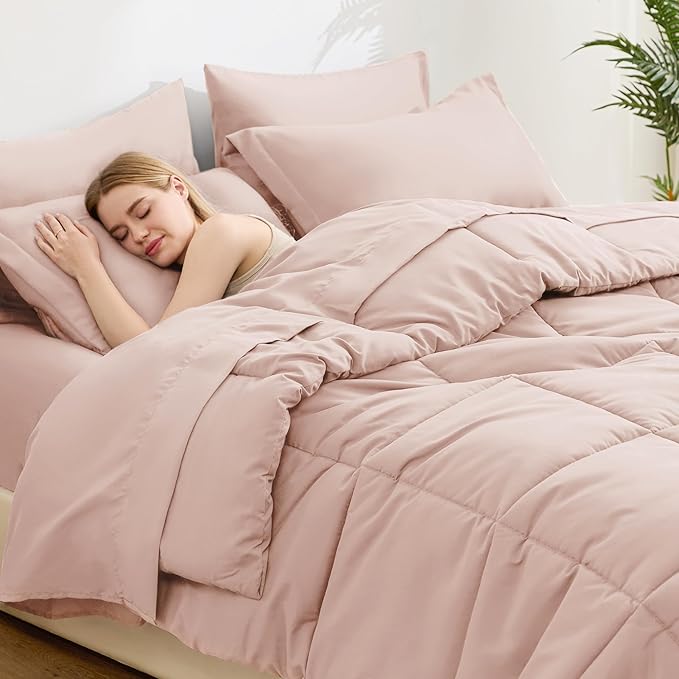 Love's cabin Twin Comforter Set Blush Pink, 5 Pieces Twin Bed in a Bag, All Season Bedding Sets with 1 Comforter, 1 Flat Sheet, 1 Fitted Sheet, 1 Pillowcase and 1 Pillow Sham | Soft, Breathable, Lightweight, Comfortable