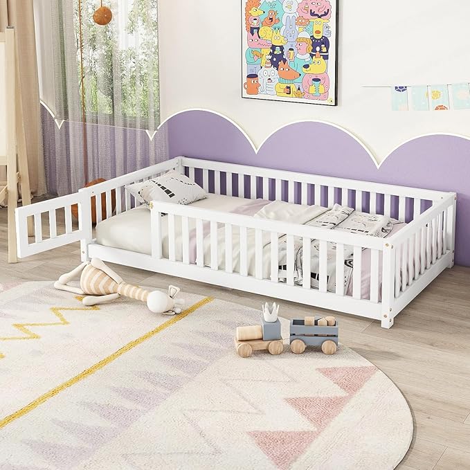 Bellemave Twin Floor Bed with Slats and Door, Twin Size Montessori Floor Bed with Fence and Door, Easy Assemble Montessori Beds Frame for Girls, Boys, White
