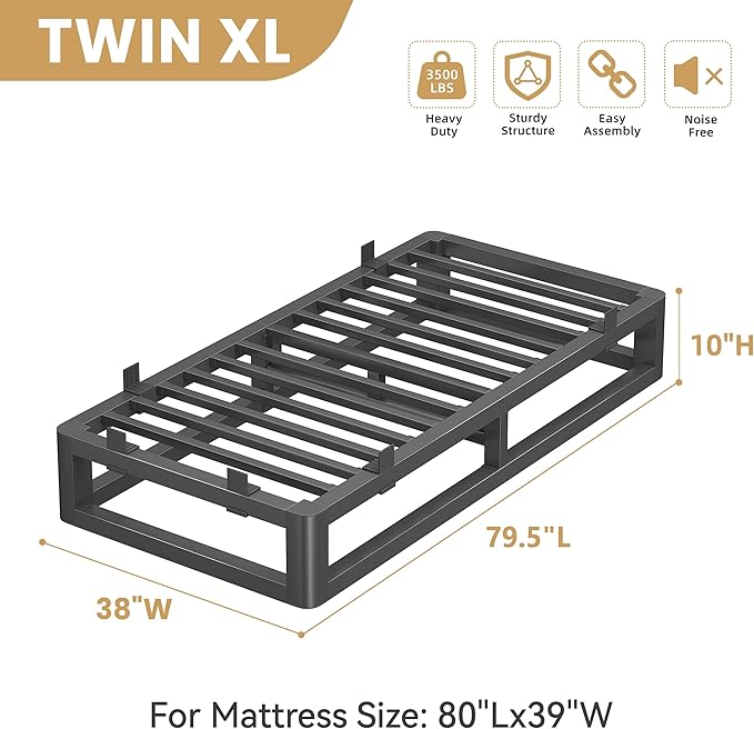 10 Inch Twin XL Bed Frame with Rounded Corner and Squeak Free U-Slot Design, Metal Platform Bed Frames 6 Non-Slip Guards, 3500lbs Heavy Duty Steel Slat Support, No Box Spring Needed, Black