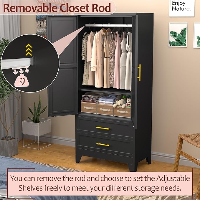 winiowa Metal Armoire Wardrobe Closet with 2 Drawers, 71" Wardrobe Cabinet with Adjustable Shelves and Hanging Rod, Clothing Storage Cabinet Closet with Mirror for Bedroom-Black