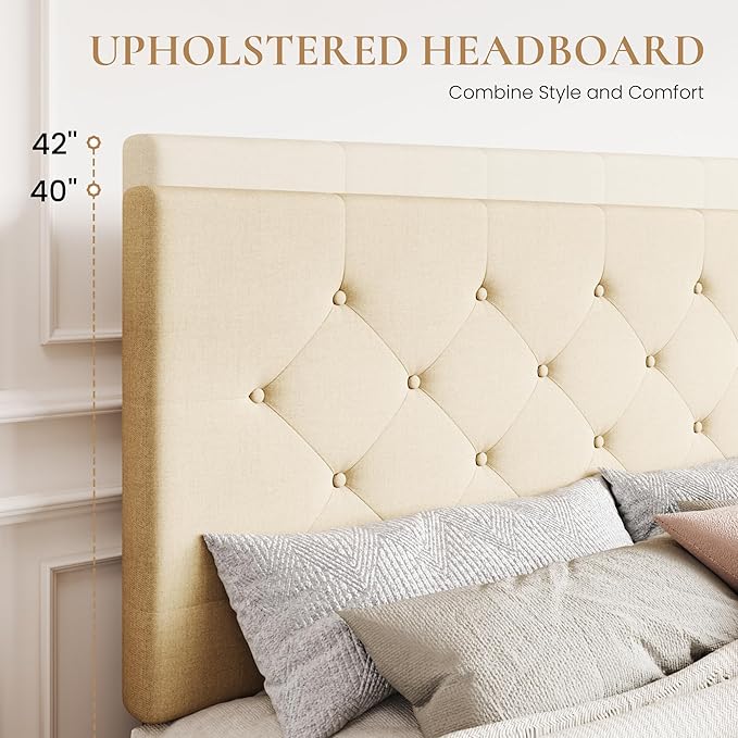 SHA CERLIN Upholstered Queen Size Platform Bed Frame with 4 Storage Drawers, Adjustable Headboard with Diamond Stitched Button Tufted Design, Wooden Slat Support, No Box Spring Needed, Beige