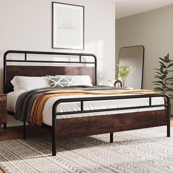 Allewie Full Size Platform Bed Frame with Wooden Headboard and Footboard, Heavy Duty 13 Metal Slats Support, Under-Bed Storage, No Box Spring Needed, Noise Free, Easy Assembly, Mahogany