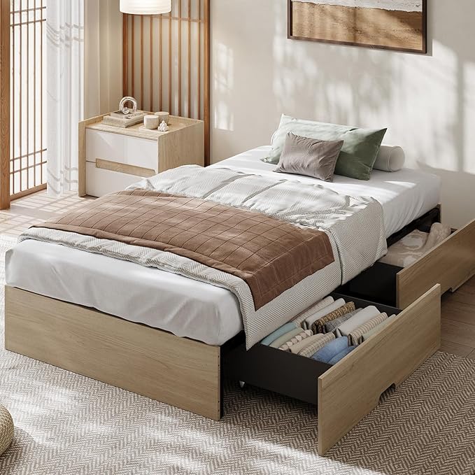 GarveeHome Twin Size Wood Platform Bed Frame with 2 Storage Drawers, Wooden Bed Frame Without Headboard, Wood Slat Support, No Box Spring Needed, Easy Assembly