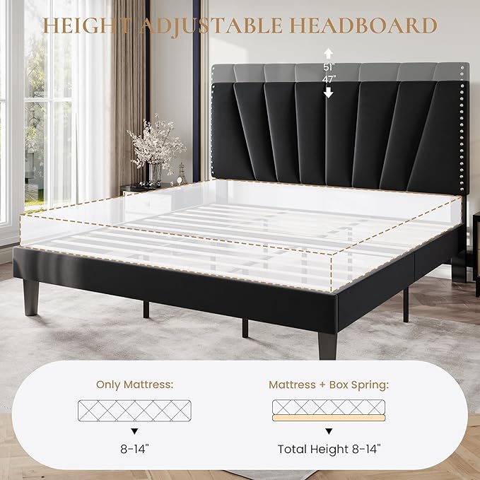 SHA CERLIN King Size Bed Frame with Adjustable Upholstered Velvet Rivets Headboard, Sturdy Wooden Slats, Strong Platform Support for Mattress, No Box Spring Needed, Easy Assembly, Black