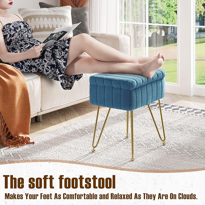 Greenstell Vanity Stool Chair Faux Fur with Storage, 15.7"L x 11.8"W x 19.4"H Soft Ottoman 4 Metal Legs with Anti-Slip Feet, Furry Padded Seat, Modern Multifunctional Chairs for Makeup, Bedroom,Blue