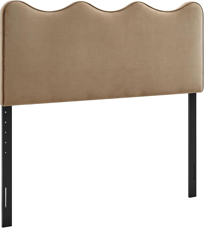 Monday Athena King Size Performance Velvet Adjustable Headboard in Taupe - with Scalloped Wave Design and Stain-Resistant Velvet Upholstery
