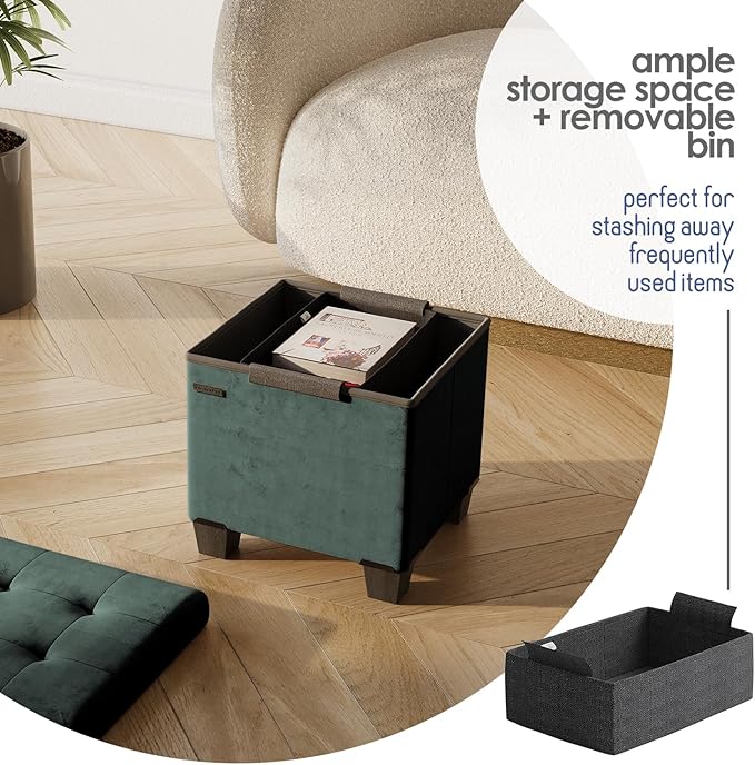 Storage Ottoman Cube with Small Bin, 15-in Square Ottoman with Storage for Living Room and Bedroom, Small Ottomans Foot Rest, Velvet Foot Stools Ottomans Max 330lbs, Green