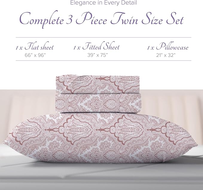 Carressa Linen 100% Egyptian Cotton Printed Bed Sheets - 600 Series 3 PC Twin Sheet Set, Hotel Luxury Sateen Bedsheets, 16" Deep Pocket Soft Cooling Sheets for Twin Size Bed - Paisley