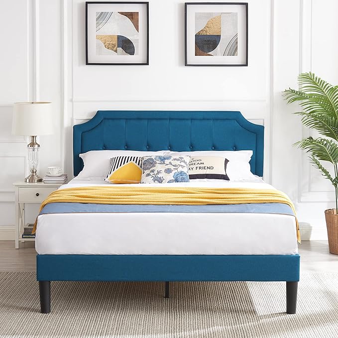 VECELO Queen Size Platform Bed Frame with Fabric Upholstered Headboard and Wooden Slats Support, No Box Spring Needed/Easy Assembly,Blue