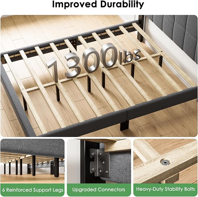Marsail Twin Size Bed Frame with Headboard, Sturdy and Durable with 12 Support Legs, 1300 lbs Capacity, Solid Wooden Upholstered Adjustable Headboard for 6"-12" Mattresses, Easy Assembly,Dark Gray