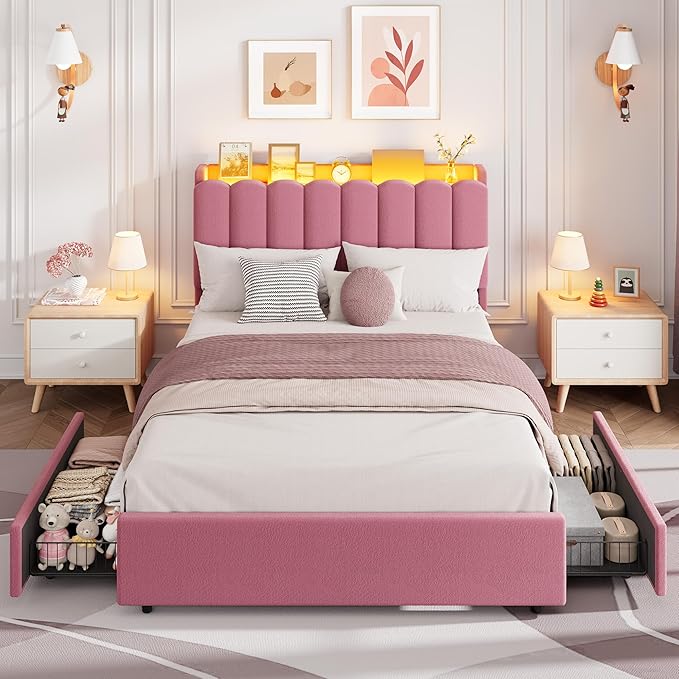Garvee LED Full Size Bed Frame with Storage Headboard, Kids Bed Frame with 2 Drawers, Boucle Upholstered Platform Bed for Girls, Chic Wavy Headboard with Bookcase, No Box Spring Needed, Dark Pink