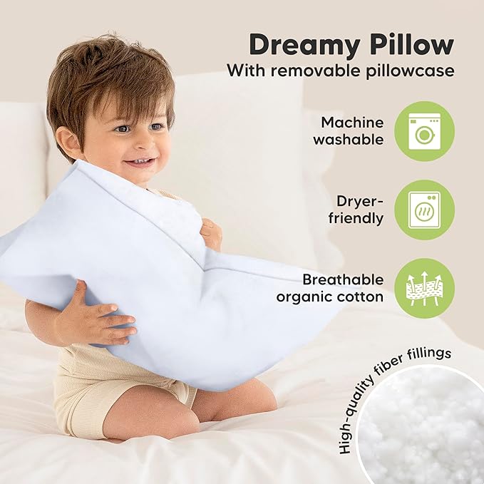 Toddler Pillow with Pillowcase - 13x18 My Little Dreamy Kids Travel Bed Pillows for Sleeping, Organic Cotton Small Pillowcase, Soft & Breathable, Machine Washable, Toddlers 2-5 years old (Baby Blue)