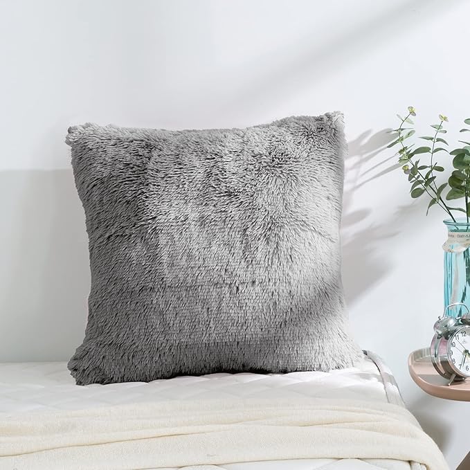 Reafort Luxury Long Hair, PV Fur, Faux Fur Euro Sham Pillow Cover/Case 26"x26" with Zipper Closure (26"x26" Euro Sham, Grey)
