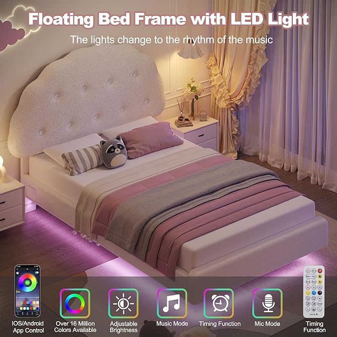 Cookie Full Upholstered Bed Frame with LED Lights, Floating Bed Frames with Adjustable Headboard and Raised Footboard for Princess/Prince Bedroom, Teddy Velvet（White）