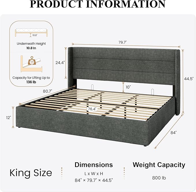 SHA CERLIN King Size Lift Up Storage Bed/Modern Wingback Headboard/Upholstered Platform Bed Frame/Hydraulic Storage/No Box Spring Needed/Wood Slats Support/Dark Grey
