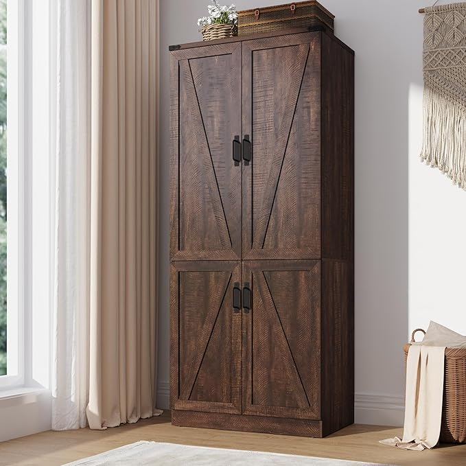 Hlivelood 75" Tall Farmhouse 2 Doors Armoire Wardrobe Closet with LED,Freestanding Closet Wardrobe Cabinet for Bedroom with Hanging Rod,Wooden Armoire Storage Cabinet with Adjustable Shelves(Brown)