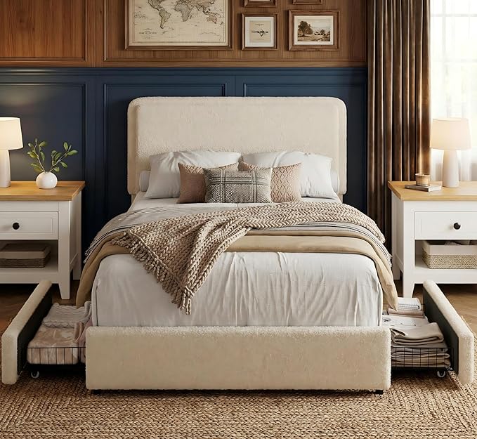 GarveeHome Bed Frame with 2 Storage Drawer, Teddy Fleece Thick Upholstered Platform Bed Frame with Adjustable Headboard, No Box Spring Needed, Cream Beige, Twin