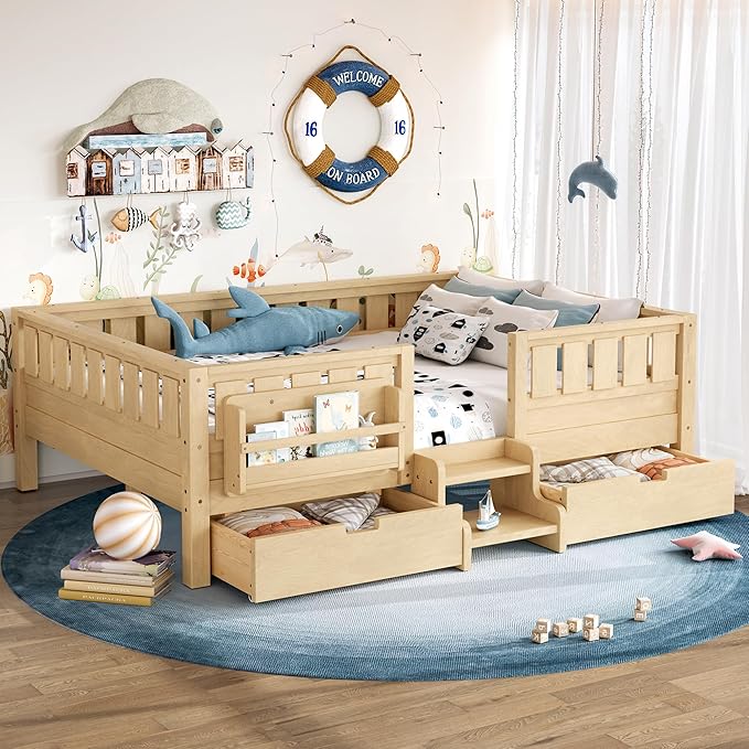 Bellemave Full Size Bed Frame with Storage Drawers & Bookshelf, Low Profile Kids Bed with Staircase & Full Length Guardrails, Solid Wood Full Size Bed Frame Kids with Slats Load 450 LBS, Natural