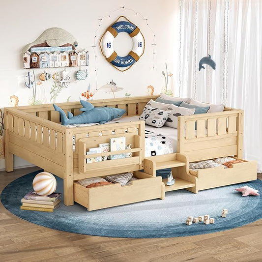 Bellemave Full Size Bed Frame with Storage Drawers & Bookshelf, Low Profile Kids Bed with Staircase & Full Length Guardrails, Solid Wood Full Size Bed Frame Kids with Slats Load 450 LBS, Natural