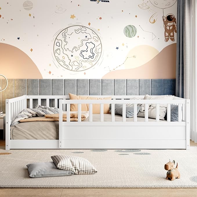 Bellemave Twin Size Floor Bed with High Fence, Wood Montessori Bed with Slats and Guardrails, Montessori Floor Beds Frame for Kids, Girls, Boys, White