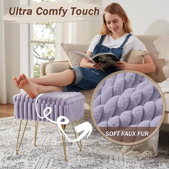 EBENCHICO Vanity Stool Chair with Storage, Faux Fur Stools for Vanity Makeup, Foot Stool Ottoman with 4 Metal Legs, Small Vanity Bench Seat Chairs for Living Room Bedroom