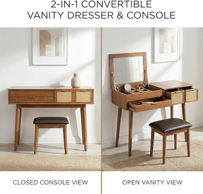 43.3" Makeup Vanity Desk with Flip Top Mirror and Stool, 2-in-1 Rattan Dressing Table Set with 3 Storage Compartments & Dividers, Mid-Century Modern Solid Wood Vanity for Bedroom, Brown