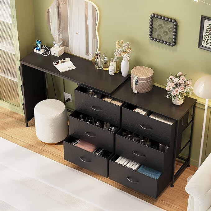 Simoretus Modern Corner Vanity Desk with 6 Fabric Drawers Power Outlet Side Pocket L Shaped Drawers Makeup Desk Dressing Table for Girls Women Bedroom (Black)